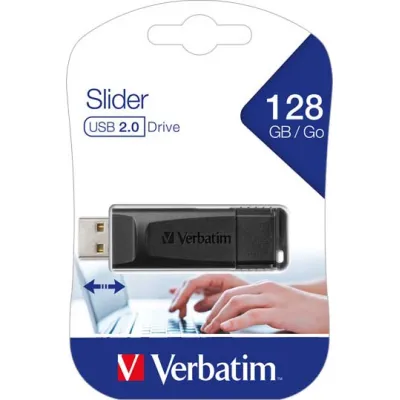 Verbatim USB-Stick Store’n’Go Slider 49328 | 128GB | USB 2.0 | Lesegeschwindigkeit bis 10MB/s | Schwarz