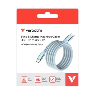 Verbatim USB-C auf USB-C Ladekabel 31856 | Magnetisch | 100W Power Delivery | 1,2m | Schnellladen | Blau
