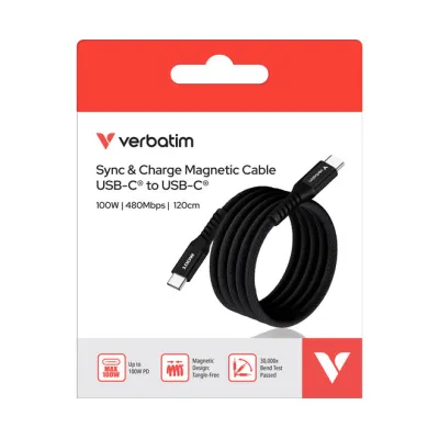 Verbatim USB-C auf USB-C Ladekabel 31863 | Magnetisch | 100W Power Delivery | 1,2m Schnellladen | Schwarz