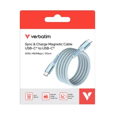 Verbatim USB-C auf USB-C Ladekabel 31852 | 60W Power Delivery | Magnetisch | 120cm | Schnellladen | Geflochten | Blau