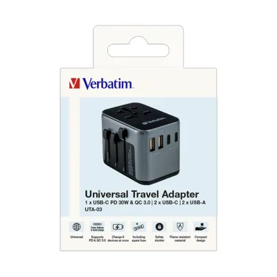 Verbatim Universal-Ladegerät UTA-03 / 49545 | Reiseadapter 100-250V | 2x USB-A | 3x USB-C | 30W | schwarz/silber