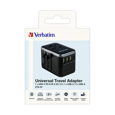 Verbatim Universal-Ladegerät UTA-04 / 49546 | Reiseadapter 100-250V | 2x USB-C 61W PD | 3x USB-A QC 3.0 | Schwarz/Silber