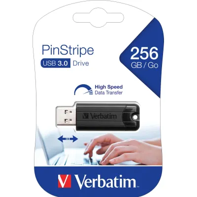 Verbatim USB-Stick PinStripe 49320 | 256GB | USB 3.0 High-Speed Speicherstick | Schiebemechanismus | schwarz