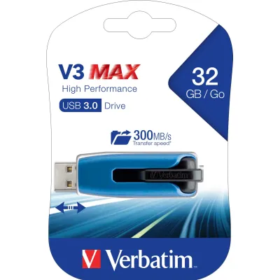 Verbatim USB-Stick 32GB Store 'n' Go V3 MAX 49806 | USB 3.0 | bis 300MB/s Lesen | Schiebemechanismus | Blau