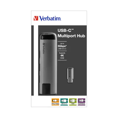 Verbatim USB-C Multiport Hub 49141 | USB 3.0 | HDMI 4K | Gigabit Ethernet RJ45 | USB-C Power Delivery | silber-schwarz