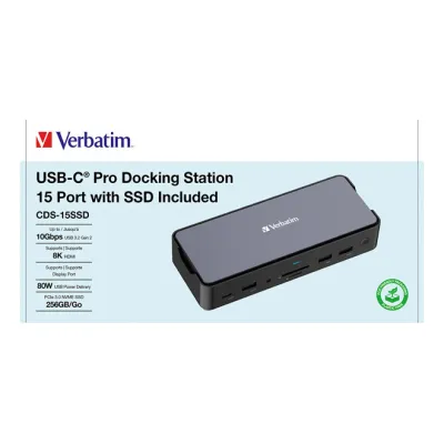 Verbatim Dockingstation USB-C Pro CDS-15SSD | 15-in-1 Hub | 256GB SSD | HDMI | DP | RJ-45 | SD | Aluminium Schwarz