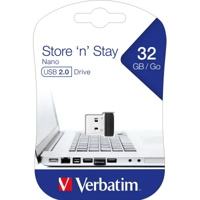Verbatim USB-Stick Nano Store’n’Stay 98130 | 32GB | USB 2.0 | kompakt | Lesegeschwindigkeit 10MB/s | Schwarz