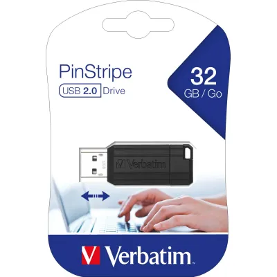 Verbatim USB-Stick 32GB PinStripe Schwarz | USB 2.0 Speicherstick mit Schiebemechanismus