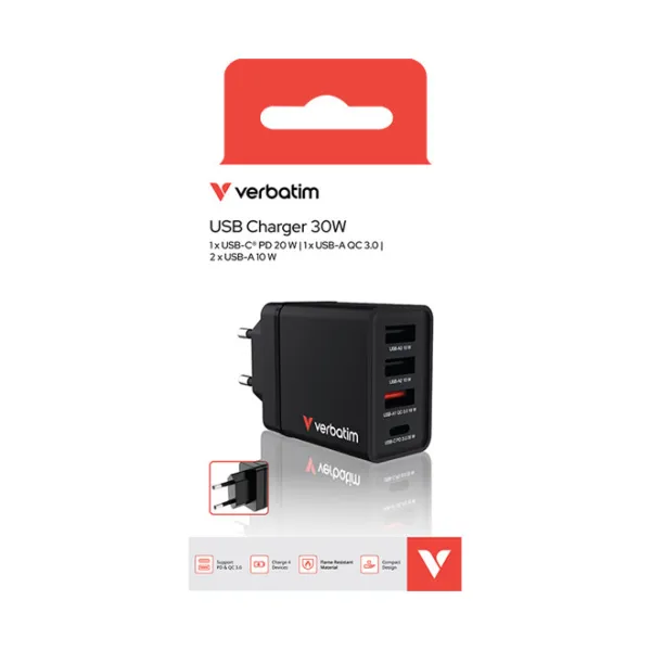 Verbatim USB Wandladegerät CHR-30EU1 49700 | 30W GaN Schnellladegerät | 1x USB-C PD | 3x USB-A QC 3.0 | schwarz