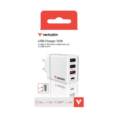 Verbatim USB Ladeadapter 49701 | 30W Schnellladegerät | GaN-Technologie | 1x USB-C PD 20W | 3x USB-A (QC 3.0/10W) | weiß
