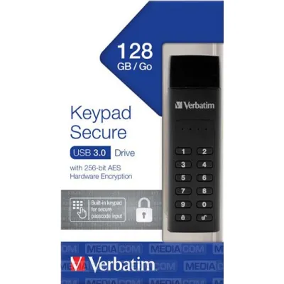 Verbatim USB-Stick 128GB 49429 | Keypad Secure | USB 3.2 Gen 1 | AES 256-Bit | 160MB/s Lesen | Schwarz