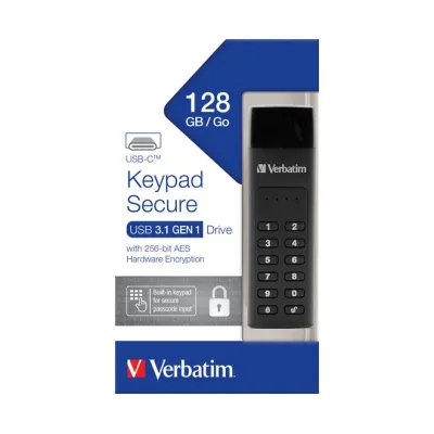 Verbatim USB-Stick 49432 Keypad Secure | 128GB | USB-C 3.2 Gen 1 | AES 256-Bit Verschlüsselung | PIN-Tastatur | Schwarz
