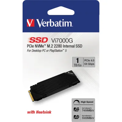 Verbatim SSD M.2 2280 Vi7000G 49367 | 1TB PCIe 4.0 NVMe | bis 7400MB/s Lesen, 5500MB/s Schreiben | Kühlkörper | schwarz
