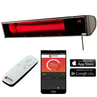 Vitramo Infrarot-Heizstrahler VC-EG2000S | 2000W | Glaskeramik | Bluetooth | 6 Heizstufen | IP65 | Wandmontage | schwarz