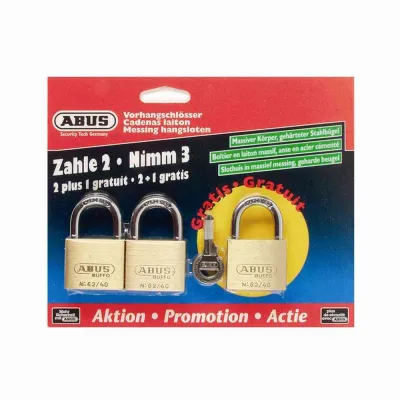 ABUS Vorhangschloss-Set 62/40 Triples 267932 | 3 Stück gleichschließend | Messing | 40mm | 4 Schlüssel | Stahlbügel