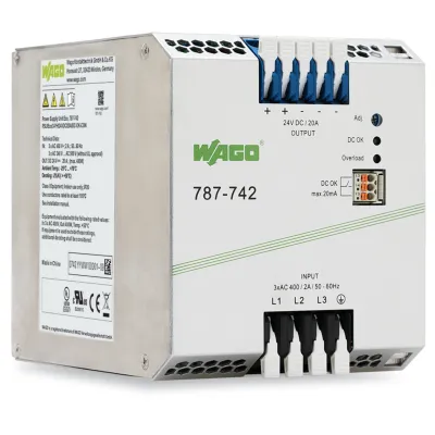 WAGO 787-742 | Hutschienen-Netzteil 24V DC 20A | 3-phasig | IP20 | kurzschlussfest | Federzuganschluss