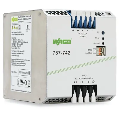 WAGO 787-742 | Hutschienen-Netzteil 24V DC 20A | 3-phasig | IP20 | kurzschlussfest | Federzuganschluss