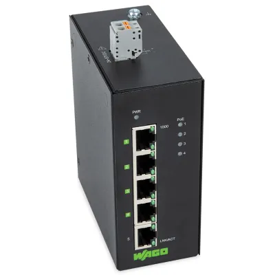 WAGO Industrial ECO Switch 852-1411/000-001 | 5-Port Gigabit Ethernet | 4x PoE+ 802.3at | Hutschiene | IP30 | 133W