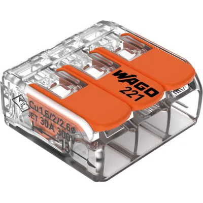 WAGO Verbindungsklemme 221-613 | 3-Leiter-Klemme mit Hebeln | 0,5-6 mm² | 41A | 450V | transparent
