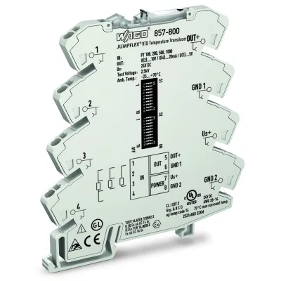 WAGO Temperaturmessumformer 857-800 | RTD/PT100/PT1000 | -200 bis 850°C | 0/4-20mA | DIP-Schalter | 6mm | lichtgrau