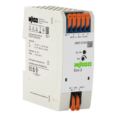 WAGO Netzgerät Eco 2 1-phasig 2687-2143 | Hutschienen-Netzteil 24V DC 2,5A | 60W | IP20 | DC-OK LED