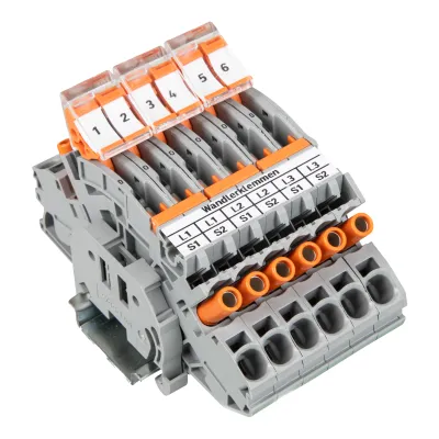 WAGO Stromwandlerklemmenblock 821-201 | 3-fach | 0,5–10 mm² | 12 Klemmstellen | Push-in CAGE CLAMP | 30A | TH35 | grau