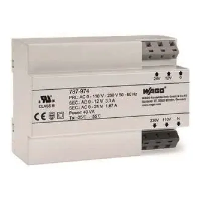 WAGO Transformatorstromversorgung 787-974 | 40VA Sicherheitstransformator | AC 230V Eingang | AC 12-24V Ausgang | IP20