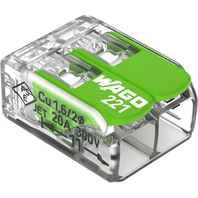 WAGO Verbindungsklemme 221-422 | Steckklemme mit Hebel | 2 Leiter | 0,2-4 mm² | 450V | 32A | transparent | Green Range