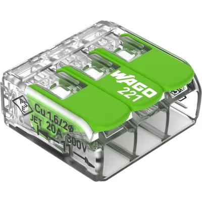 WAGO Verbindungsklemme 221-423 | Steckklemme 3-polig mit Hebel | 0,2-4 mm² | 450V 32A | transparent | Green Range