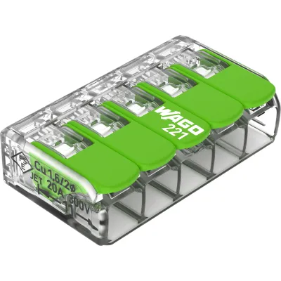 WAGO Verbindungsklemme 221-425 | Steckklemme 5-polig mit Hebel | 0,2–4 mm² | 32A 450V | transparent | Green Range