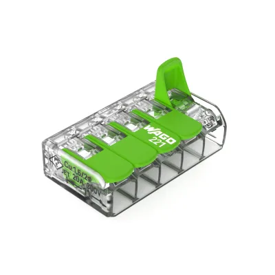 WAGO Verbindungsklemme 221-425 | Steckklemme 5-polig mit Hebel | 0,2–4 mm² | 32A 450V | transparent | Green Range