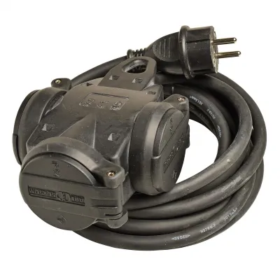 WALTHER 3-fach Verteiler-Steckdose 39100301100304 | Steckdose | 10m Gummikabel H07RN-F 1,5mm² | IP44 | 16A | Schwarz