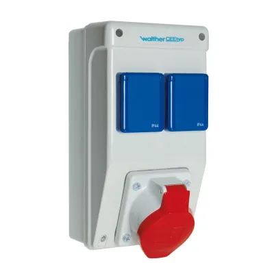Walther Werke Steckdosenkombination 6570105 | CEE 16A 5p 400V | 2x Schuko | IP44 | Wandmontage | Kunststoff | grau
