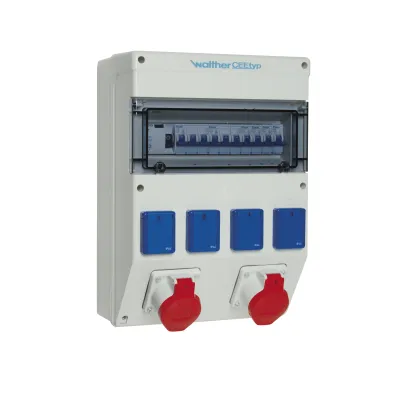 Walther Steckdosenkombination 6820211 | CEE 2x16A 400V | 4x SCHUKO | FI/LS | IP44 | Kunststoff | Wandmontage | grau