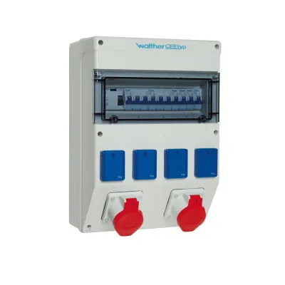 Walther Steckdosenkombination 6820211 | CEE 2x16A 400V | 4x SCHUKO | FI/LS | IP44 | Kunststoff | Wandmontage | grau