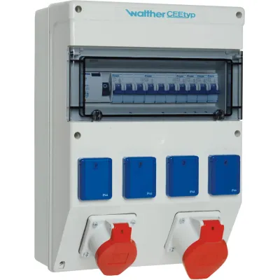 Walther Steckdosenkombination 6823012 | CEE 32A+16A 5-polig 400V | 4x SCHUKO | IP44 | FI-Schutzschalter | grau