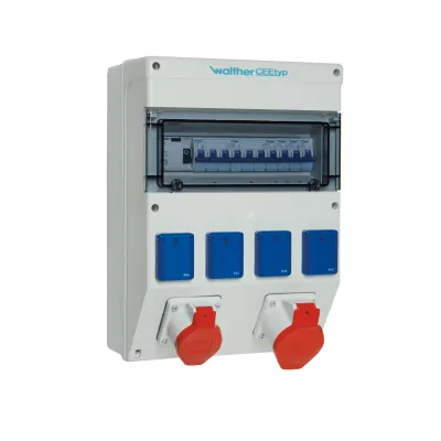 Walther Steckdosenkombination 6823012 | CEE 32A+16A 5-polig 400V | 4x SCHUKO | IP44 | FI-Schutzschalter | grau