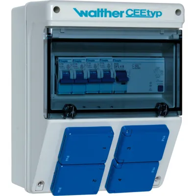 Walther Werke Steckdosenkombination 6920004 | 4x Schuko 16A | FI/LS | IP44 | Kunststoff | Wandmontage | grau