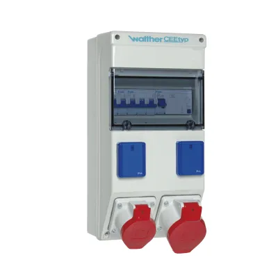 Walther Werke Steckdosenkombination 6983012 | CEE 32A/16A 5-polig | 2x Schuko | FI/LS | IP44 | Wandmontage | Grau