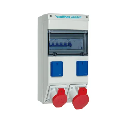 Walther Werke Steckdosenkombination 6983012 | CEE 32A/16A 5-polig | 2x Schuko | FI/LS | IP44 | Wandmontage | Grau