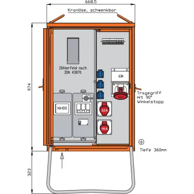 Walther WAV0160R1 Baustromverteiler 63A | 44kVA | CEE16/32/63A | 3x Schuko | Zählerplatz | RCD Typ B | IP44