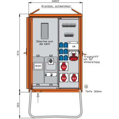 Walther Anschlussverteilerschrank WAV0170R1 | Baustromverteiler 44kVA | 2x CEE 16A | 1x CEE 32A | 1x CEE 63A | IP44