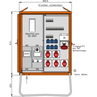 WALTHER Baustromverteiler 55kVA | 3x CEE 16A | 2x CEE 32A | 1x CEE 63A | 6x Schuko | Zähler | RCD Typ B | IP44