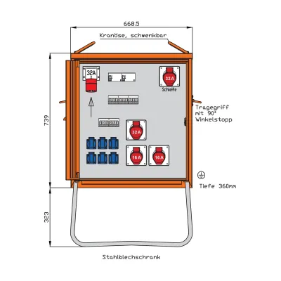 WALTHER Baustromverteiler WEV0795R1 | Endverteiler 22kVA | 2x CEE 32A | 2x CEE 16A | 6x Schuko | IP44 | Stahl | orange