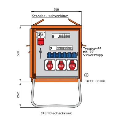 WALTHER Endverteilerschrank WEV0785R1 | Baustromverteiler 22kVA | 2x CEE 16A | 1x CEE 32A | 6x Schuko | IP44 | Stahl