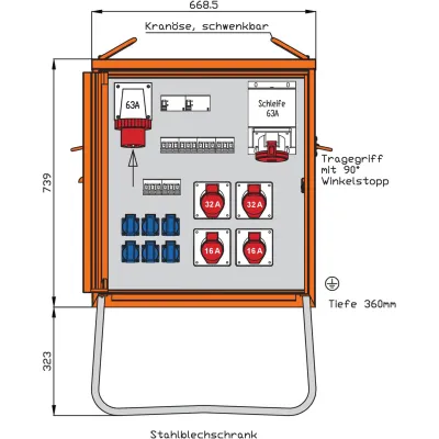 WALTHER Endverteilerschrank WEV0801R1 | Baustromverteiler 44kVA | CEE16A | CEE32A | CEE63A | Schuko | IP44 | Stahlblech