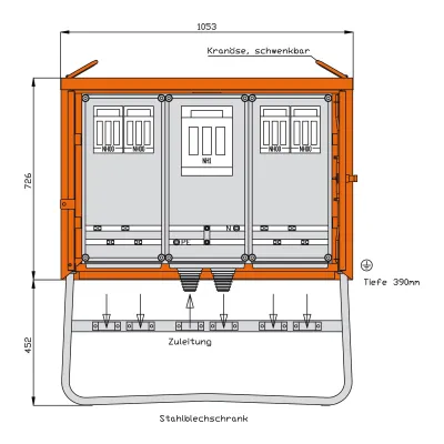Walther Baustromverteiler WGV0070 Gruppenverteiler 173kVA | 250A | NH1 | IP44 | Stahl | 4 Abgänge | 400V | Orange