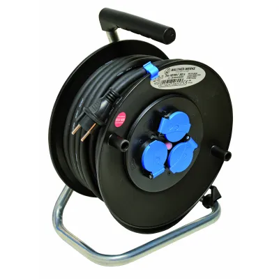 WALTHER Kabeltrommel 25m | H07RN-F 3G2,5 | 3 Schuko | IP44 | 16A 230V | Thermoschutz | schwarz