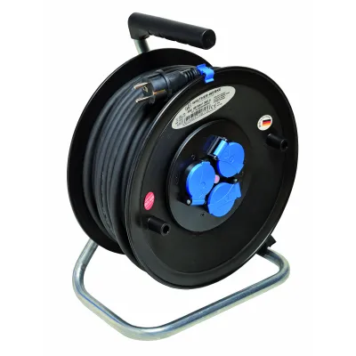 WALTHER Kabeltrommel 40m | H07RN-F 3x2,5mm² | 230V 16A | 3x Schuko IP44 | Kunststoff schwarz