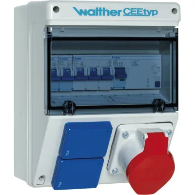 WALTHER Steckdosenkombination 6920117 | CEE 16A 5p 400V | 2x Schuko | RCD | IP44 | Kunststoff | Wandmontage | grau